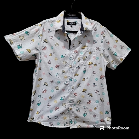 NWOT Eighty Eight 100% Cotton Mushroom Short Sleeve Dress Shirt Hippie Contempor - Picture 1 of 7